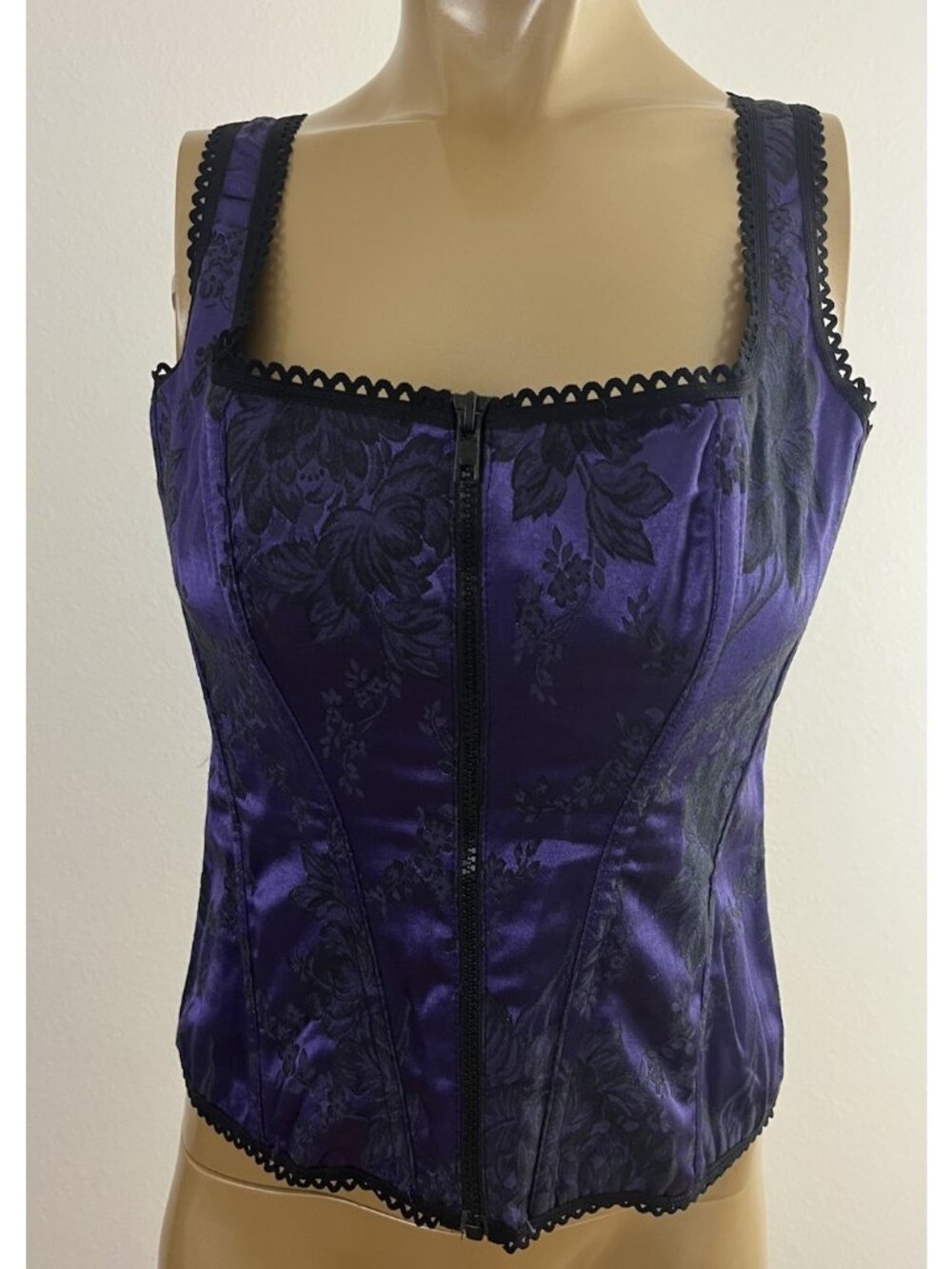 Shirley of Hollywood Women's 38 Purple Black Brocade Corset Bustier Top Lace Zip